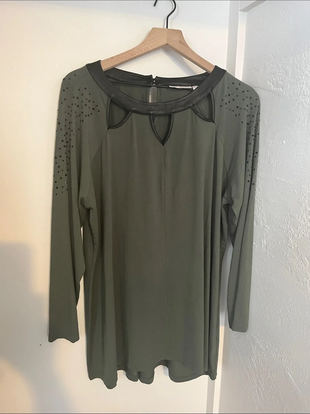 Belle Susan Gravel Olive Green Embellished Cut Out Faux Leather Trim Tunic Top